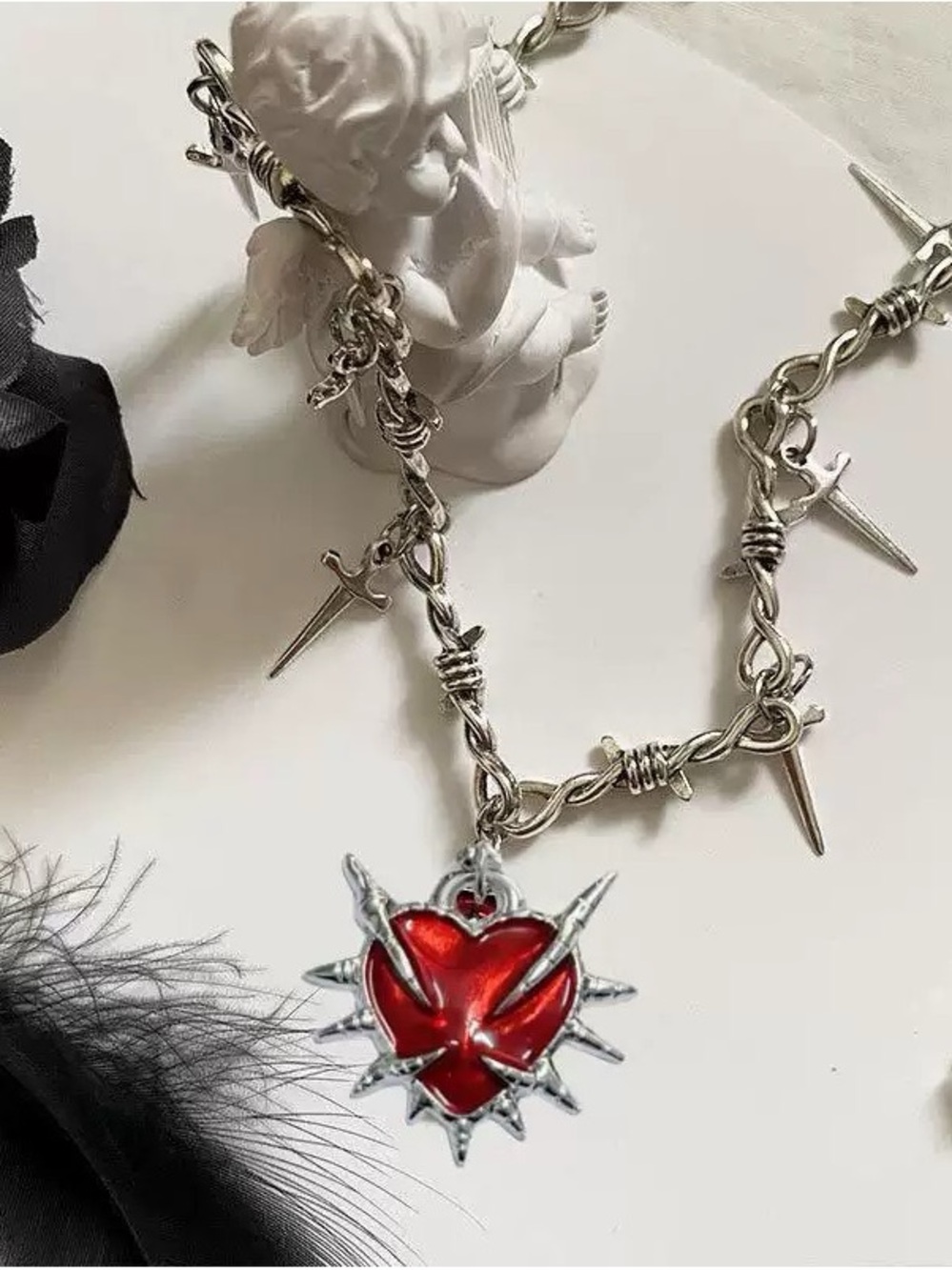 Anthropologie Silver Spike Chain Necklace with Red Heart Charm